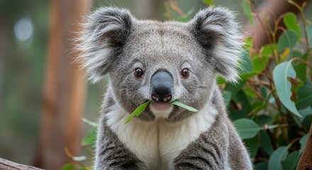 Fototapeta premium Adorable Koala munching eucalyptus leaves a heartwarming Australian wildlife moment