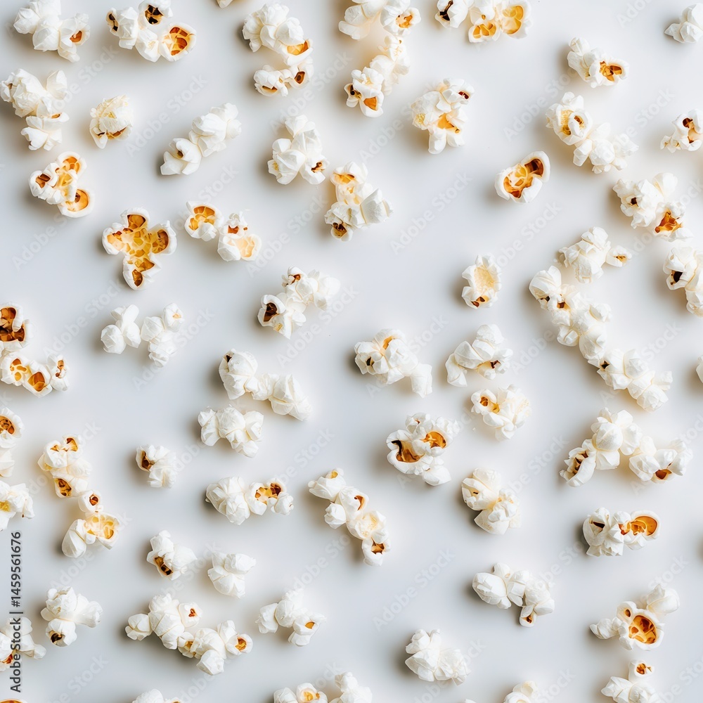 Aufkleber Scattered popcorn on a plain backdrop, creating a playful and inviting pattern. Delicious snack time inspiration for movie nights and casual gatherings.