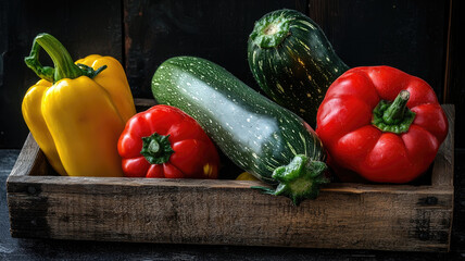 Fresh zucchini and bell peppers in rustic wooden box, vibrant and colorful