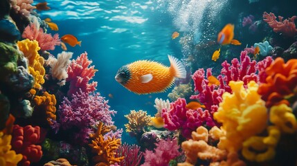 Obraz premium Pufferfish inflating defensively among colorful coral formation vivid reef life no human no labelling no logo