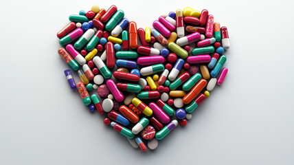 Colorful pills and capsules arranged in heart shape on white background