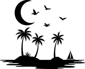 Tropical Beach Silhouette with Palm Trees and Sun"