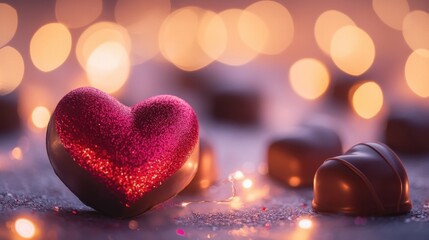  A glittery pink heart surrounded by assorted chocolates with a blurred bokeh background.