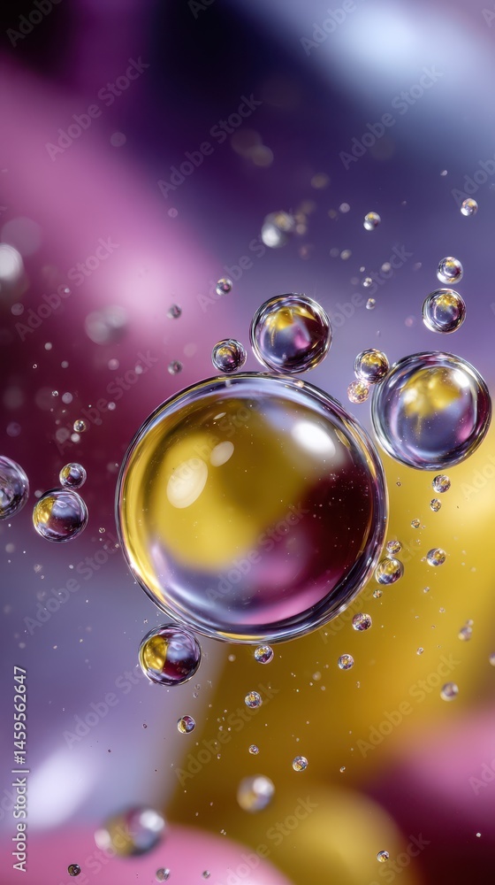Poster floating bubbles in liquid create mesmerizing shapes, refracted color, and macro details with a blur