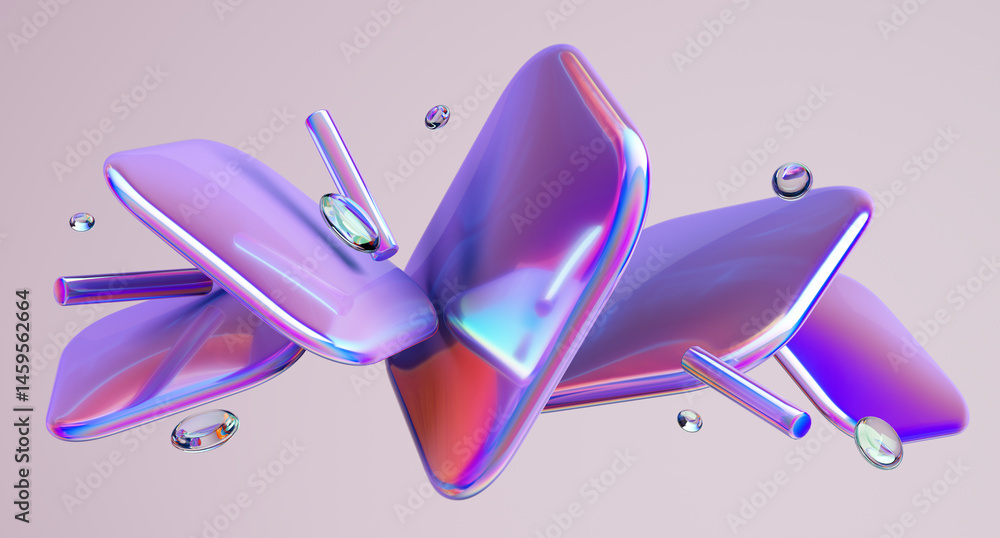 Poster glossy shapes with colorful reflections. 3d rendering illustration.