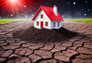 House on Dry Cracked Earth - Climate Change and Housing Crisis Concept