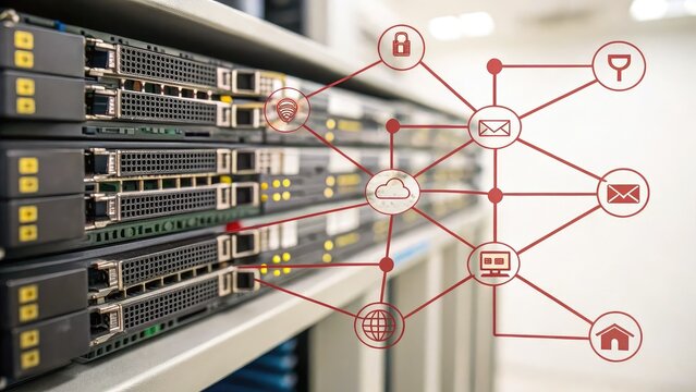 graduation ceremony stage family. Data servers with network connections illustrated through icons, representing digital communication and cloud technology.