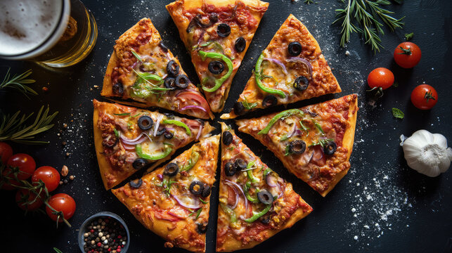 Colorful pizza with black olives, green peppers, red onions sliced into octagonal arrangement, beer glass, scattered tomatoes, garlic, peppers and rosemary on dark background