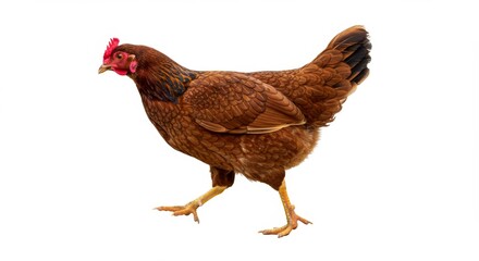 Fototapeta premium A captivating shot of a brown hen walking gracefully on a white background showcasing its beautiful feathers and vibrant colors, perfect for farm or nature-themed projects