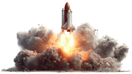 Blast Off: A space shuttle ascends into the sky, propelled by a fiery explosion of power and motion, leaving a trail of smoke