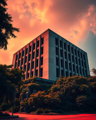 modern brutalism building with lush greenery, created by generative ai