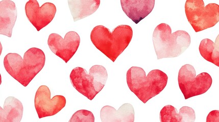 Fototapeta premium A pattern of various watercolor hearts in shades of red on a white background.