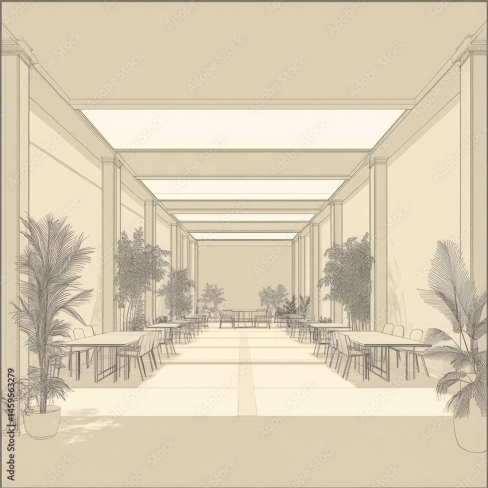 Poster interior perspective view with linear symmetry featuring tables trees and architectural details in s
