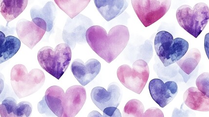 A pattern of various watercolor hearts in shades of red on a white background.