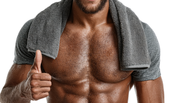 The Symbol of Strength: Close-up of a muscular man, his physique a testament to dedication and fitness, radiates confidence with a thumbs-up gesture. This image encapsulates achievement