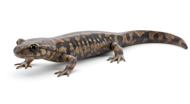 A striking hellbender cryptobranchus alleganiensis salamander showcasing its unique mottled brown and black pattern against a clean white backdrop perfect for educational and conservation projects