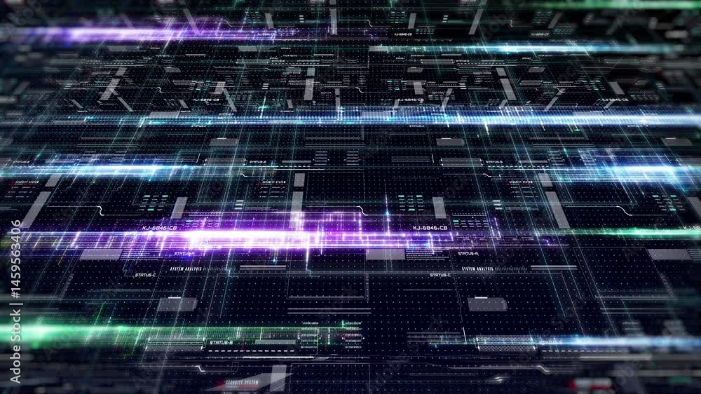 Poster Technology digital glow line hologram perspective view concept. HUD UI system hologram, ai construction 4K motion background