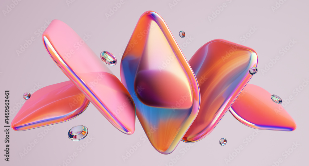 Poster glossy shapes with colorful reflections. 3d rendering illustration.