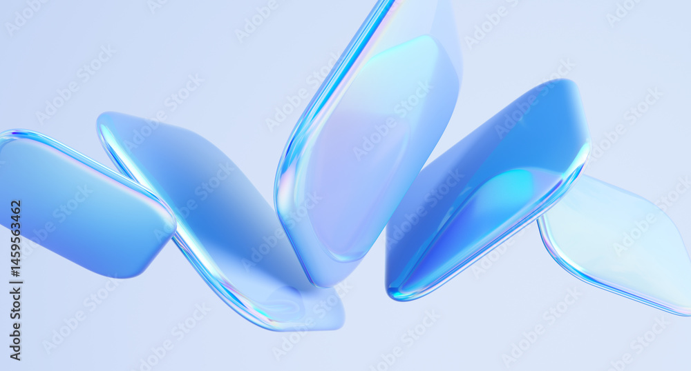 Poster Glossy shapes with colorful reflections. 3d rendering illustration.