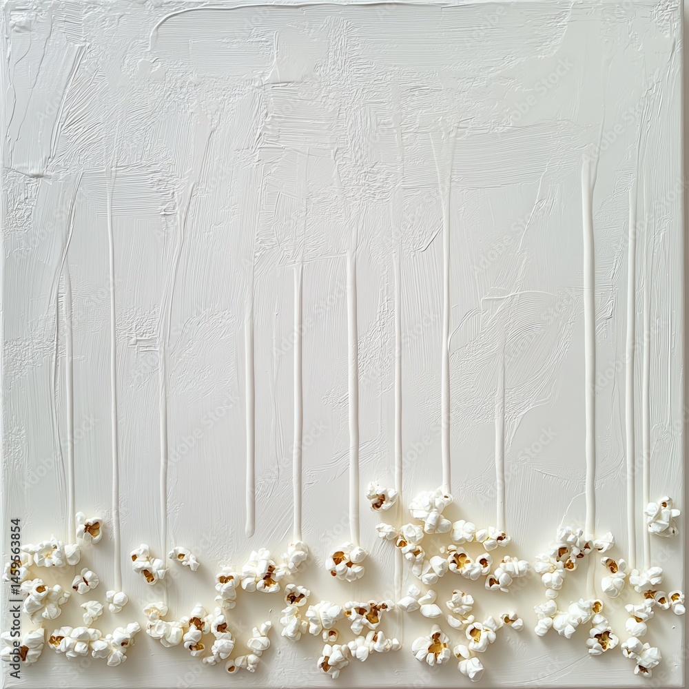 Poster Abstract popcorn art with textured white paint and popped kernels. The background features vertical lines and an artistic texture.