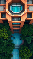 modern brutalism building with lush greenery, created by generative ai