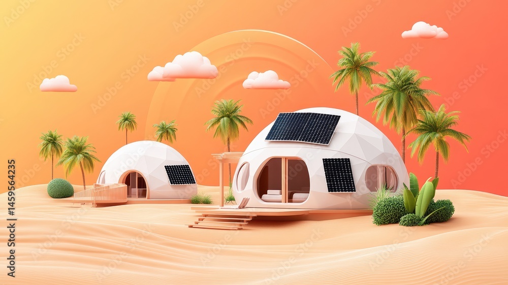 Poster pixelated 3d rendering of a coastal scene featuring white dome structures with solar panels palm tre