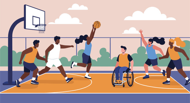 Diverse group of people playing a basketball game, including a player in a wheelchair