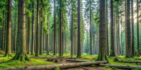 Fototapeta premium Serene Sunlight Filtering Through a Dense Coniferous Forest, Illuminating Moss-Covered Trunks and Fallen Logs on the Forest Floor