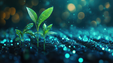 Glowing Green Seedlings Emerging from Dark Blue Soil with Sparkling Lights