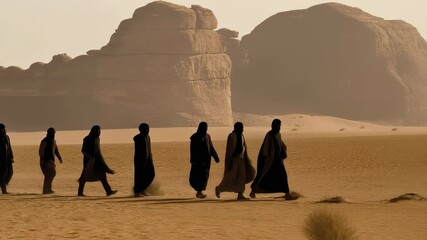 The Apostles walk through the Judean Desert to preach. Arab men walk through the sandy landscape. - Powered by Adobe