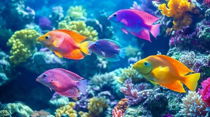 Fototapeta premium School of vibrant parrotfish grazing a rainbow coral reef tropical underwater paradise no human no labelling no logo