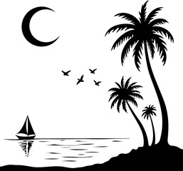 Tropical Beach Silhouette with Palm Trees and Sun"