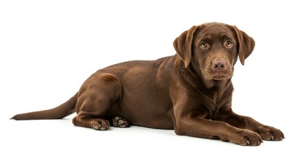 Adorable chocolate Labrador puppy lying down looking at the camera with bright eyes, its smooth brown fur glistening against a clean white background, perfect for pet lovers