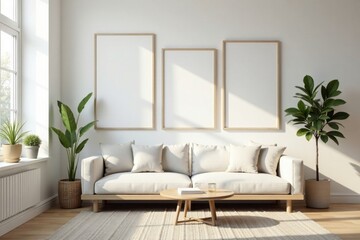 Fototapeta premium Serene living room interior design with minimalist sofa, wooden coffee table, and three blank frames on a light wall, bathed in sunlight