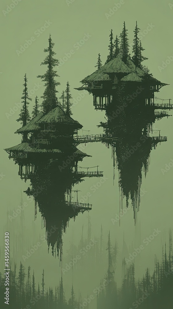 Poster pixelated art of two floating structures resembling islands or fortresses amidst a misty green lands