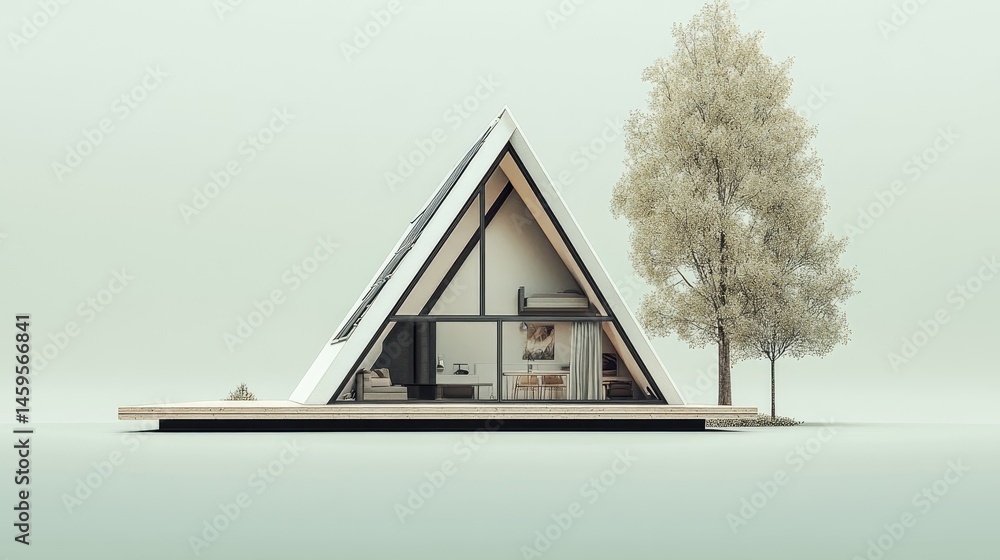 Poster triangular-shaped house model with minimalist design featuring interior details against a soft green