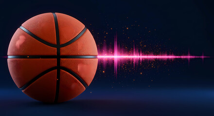 Obraz premium Orange basketball and glowing line sound wave shape on dark background.