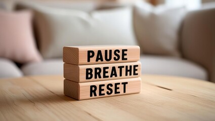 Three wooden blocks with the words "PAUSE," "BREATHE," and "RESET" stacked on a wooden table in a cozy room.