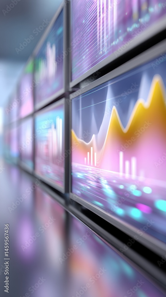 Poster data visualization screens display bar charts and financial market graph analysis information techno