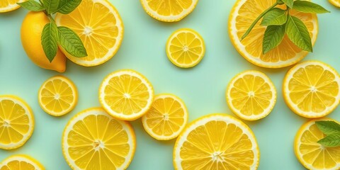 Obraz premium Vibrant yellow lemon fruit and slices repeat seamlessly, sour, background