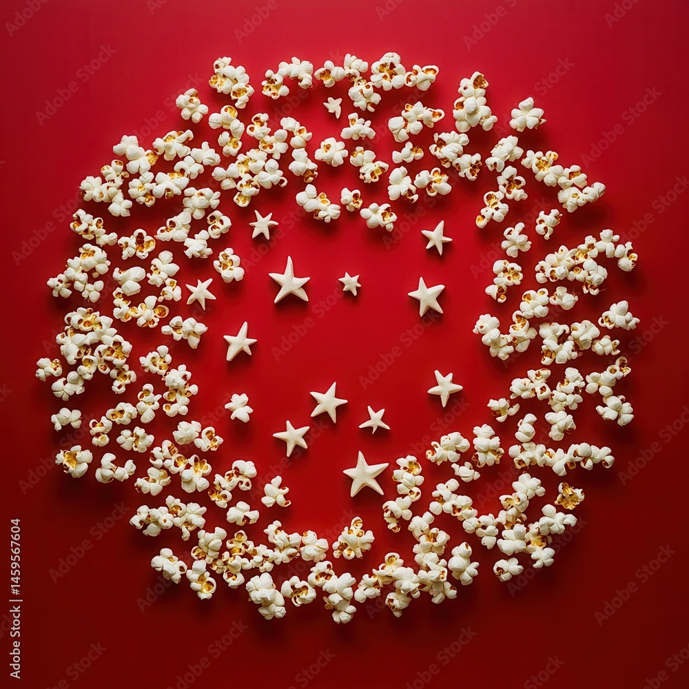 Poster popcorn and star arrangement on red background: whimsical star-shaped pattern surrounded by popcorn 
