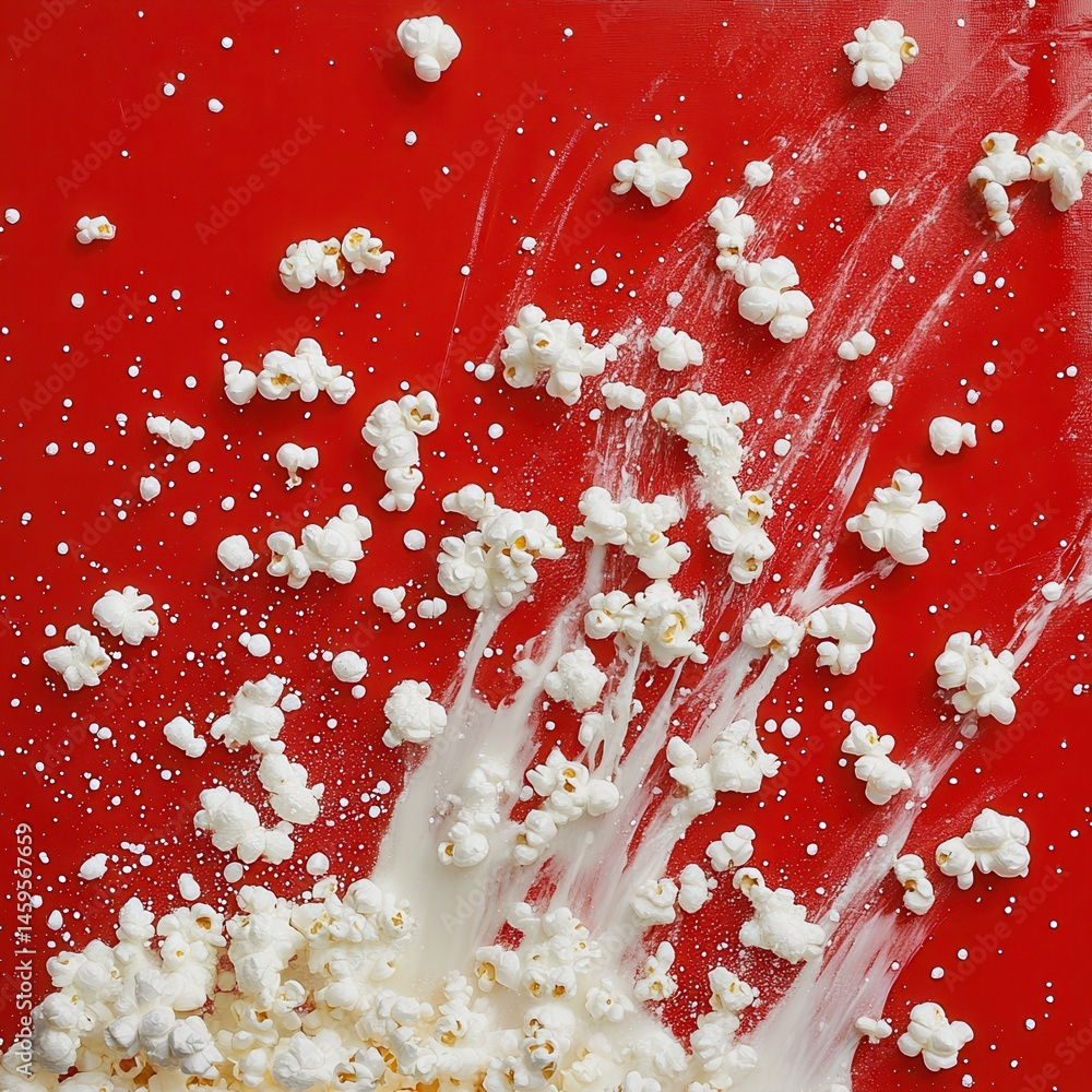 Poster Popcorn explosion on a vibrant red backdrop, creating a dynamic and playful visual. A burst of flavor and fun for any occasion!