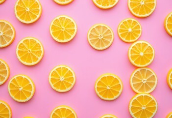 Vibrant yellow lemon slices arranged in a repeating pattern against a soft pink backdrop, pink, graphic