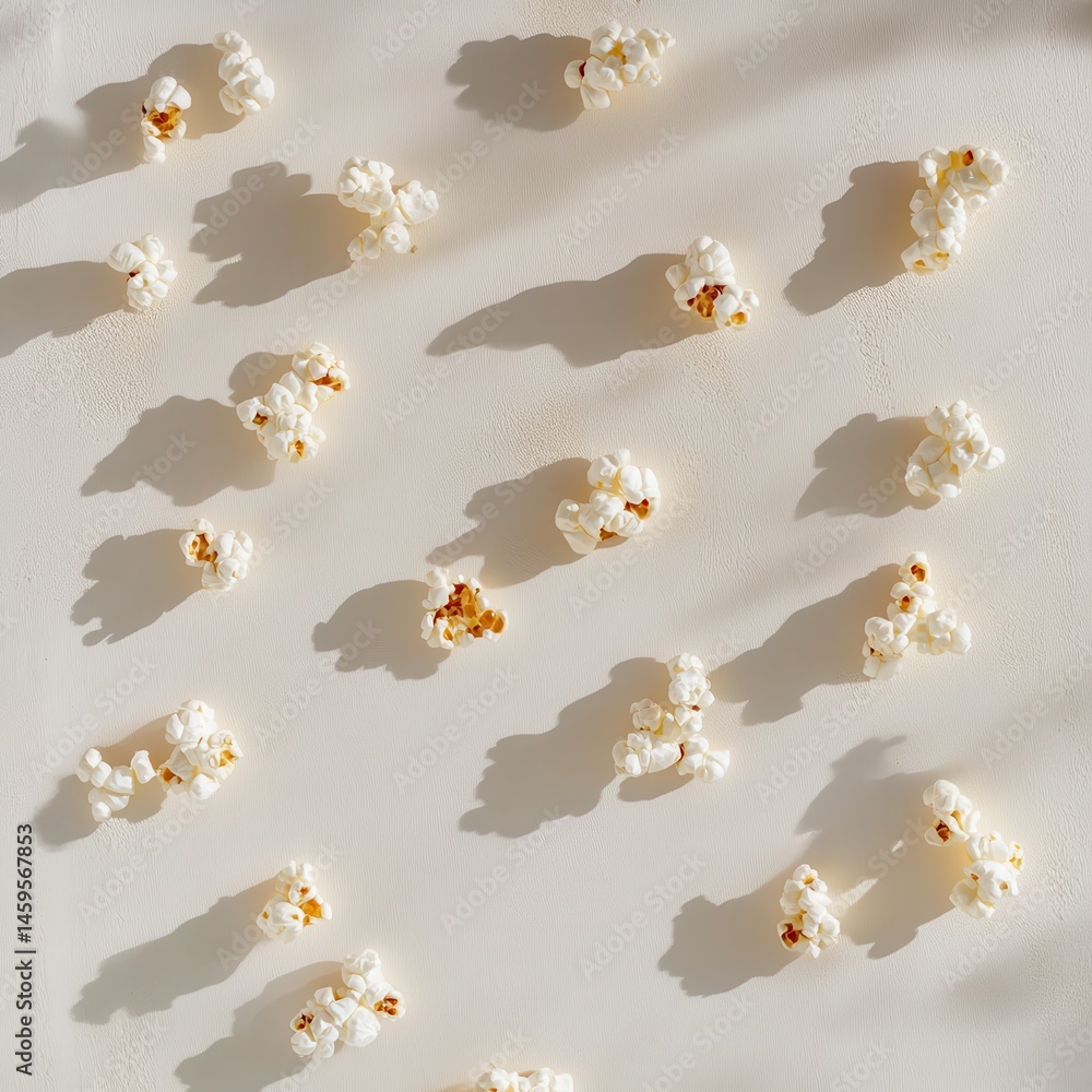 Aufkleber Scattered popcorn on a white surface with playful shadows, creating a simple and appetizing snack scene.