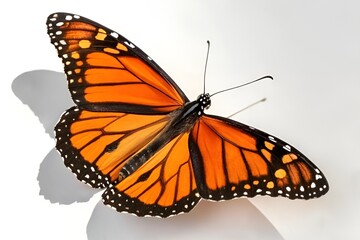 Fototapeta premium Monarch Butterfly in Mid-Flight with Orange and Black Wings on White Background