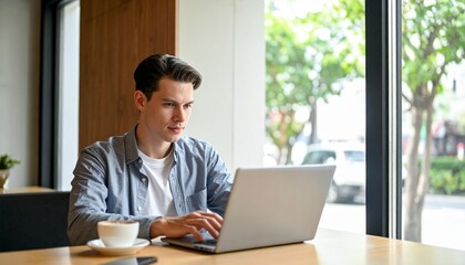 カフェで作業する男性,Man working at a café  