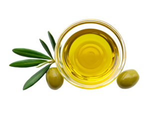 olive oil and olives in glass bowl on transparent background