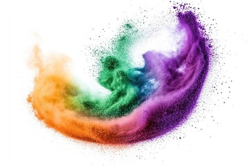 Fototapeta premium A colorful swirl of Holi powders in a mix of neon shades including green, purple, and orange, swirling mid-air with powder particles floating against a blank white backdrop.