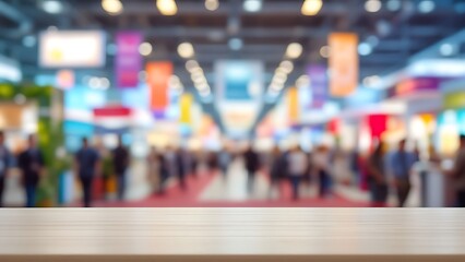 Empty wooden table in blurry trade show background.