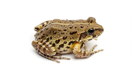 Fototapeta premium Adorable northern leopard frog on white background featuring detailed skin texture, brown spots, and striking amphibian eyes for nature and wildlife projects